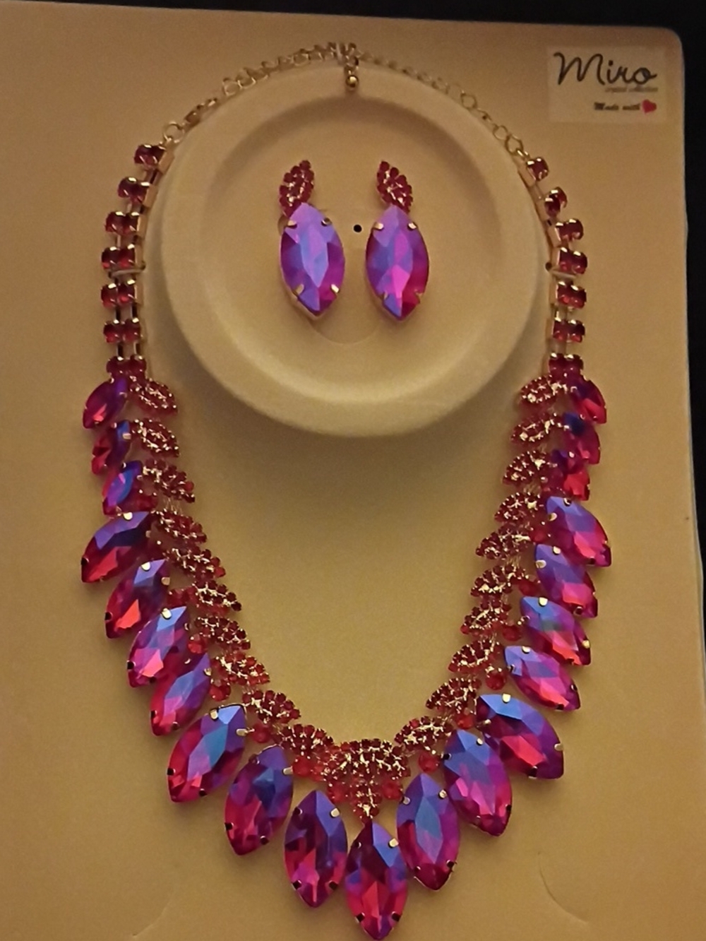 Pink Iridescent Marquise Crystal Necklace and Earring Set